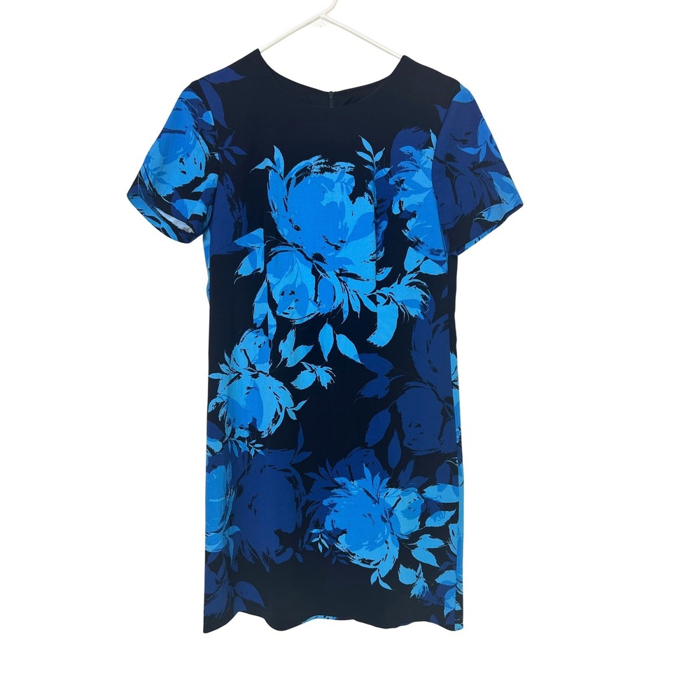 Trina Turk Dress Women 6 Blue Floral Shift Short Sleeve DTD156059 Mod Retro